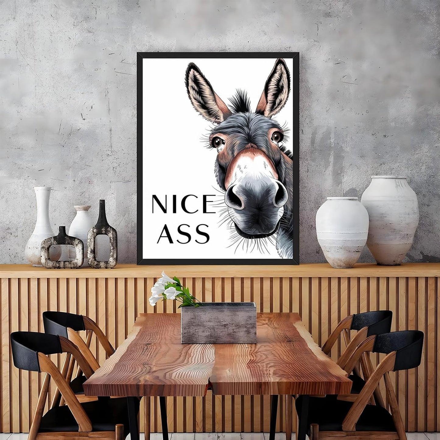 Framed Black and White Donkey Decor Bathroom Wall Art Nice Ass Funny Donkey in Bathroom Picture Poster Fun Animal Canvas Print Farmhouse Humor Wall Decor for Home Washroom Toilet 24X36inch