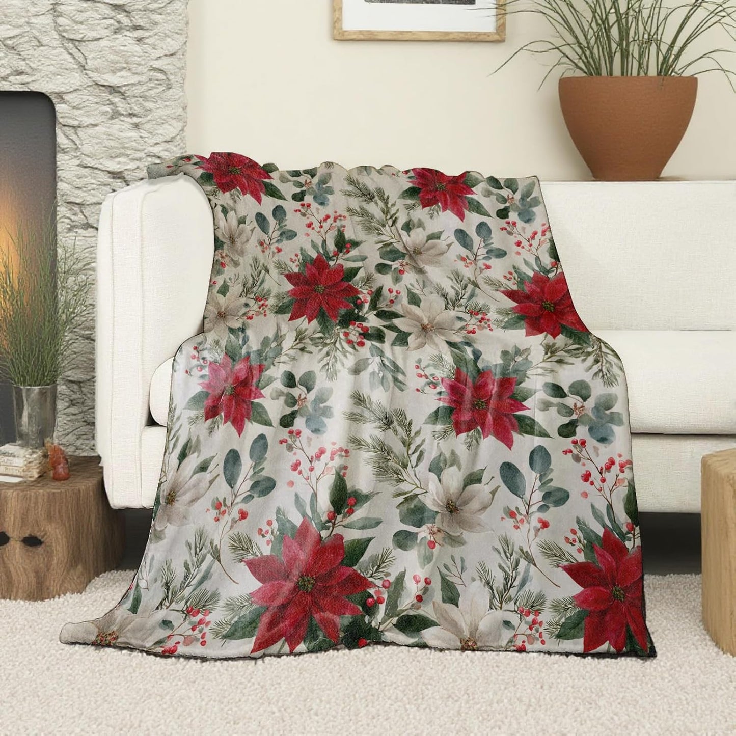 Poinsettia Floral Christmas Blanket, Soft Cozy Lightweight Elegant Flowers with Pine and Berries Throw Blanket for Women Kids, Sofa Couch Bed 50x60 Inch Flannel Blankets for Travel Decor Gifts