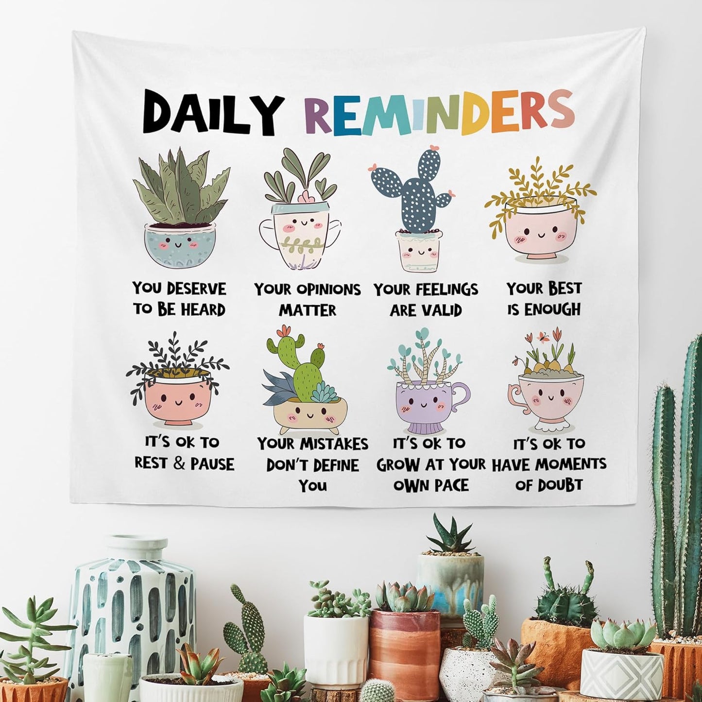 MNOSAIOO Mental Health Floral Wall Tapestry Hanging for Classroom Kids, Daily Reminders Tapestry, Inspirational Cute Cacti Tapestries Wall Decor for Bedroom Therapy Office School Counselor 60x50 inch