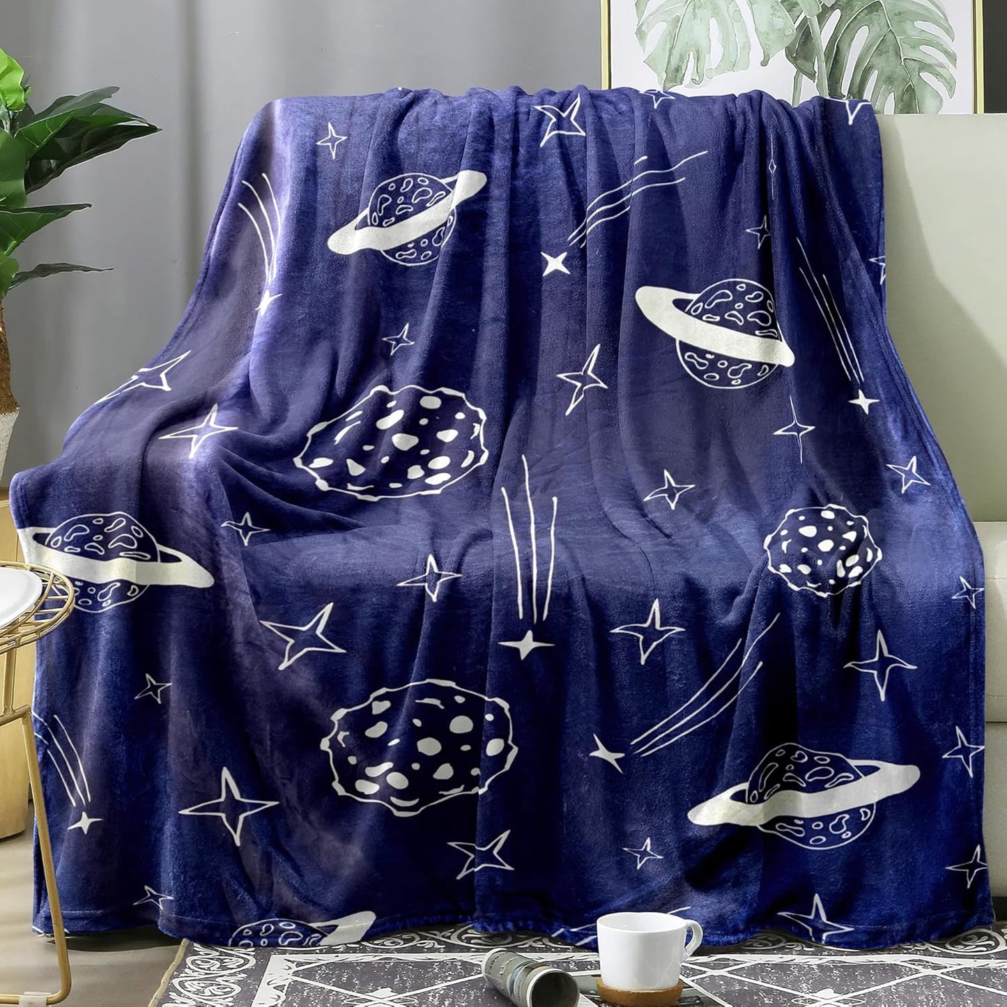 Space Blanket Super Soft Navy Blue Planets and Stars Throw Lightweight Fleece Bed Blankets for Kids Adults Couch Bed (48"x 60", Space)