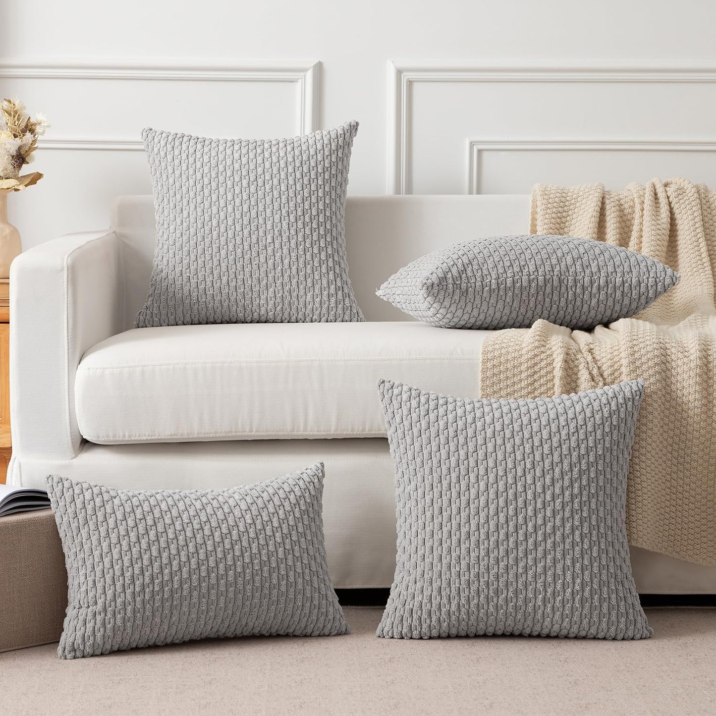 Kevin Textile Decor Solid Decorative Pillow Case Striped Jacquard Cushion Cover for Lumbar Light Grey 12x20 Inch (30x50cm) 2 Pieces