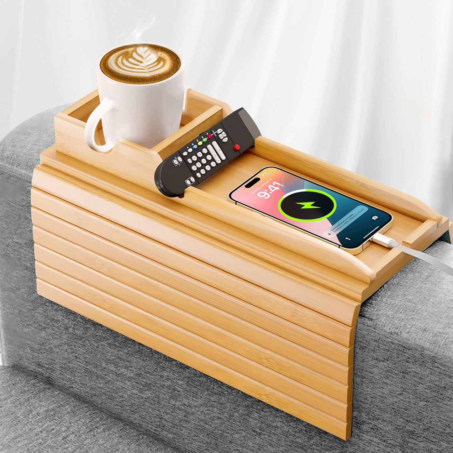 2-in-1 Adjustable Bamboo Sofa Cup Holder Tray (Fits 4.5” to 14” Arms) - Detachable Armchair Caddy with Sofa Arm Tray Drink Organizer - Foldable Couch Caddy with Cup Holder for Phone Remote Snack