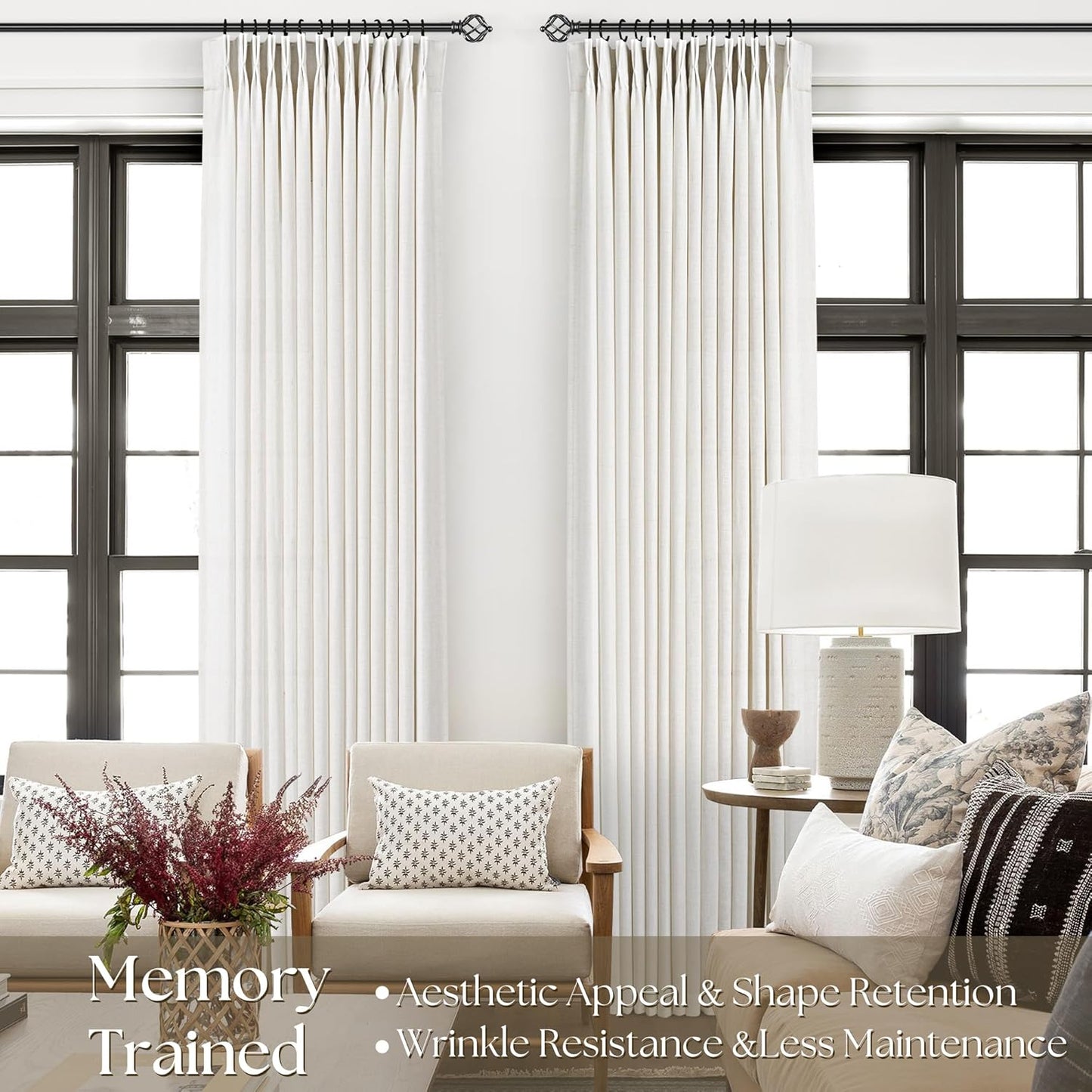Pinch Pleated Linen Curtains 72 inches Long for Living Room Memory Training Shaped Natural Cream Light Filtering Semi Sheer Curtains 72 inch Length 2 Panel Set Modern Farmhouse Pinch Pleat Drapes