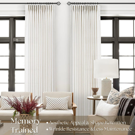 Pinch Pleated Linen Curtains 72 inches Long for Living Room Memory Training Shaped Natural Cream Light Filtering Semi Sheer Curtains 72 inch Length 2 Panel Set Modern Farmhouse Pinch Pleat Drapes