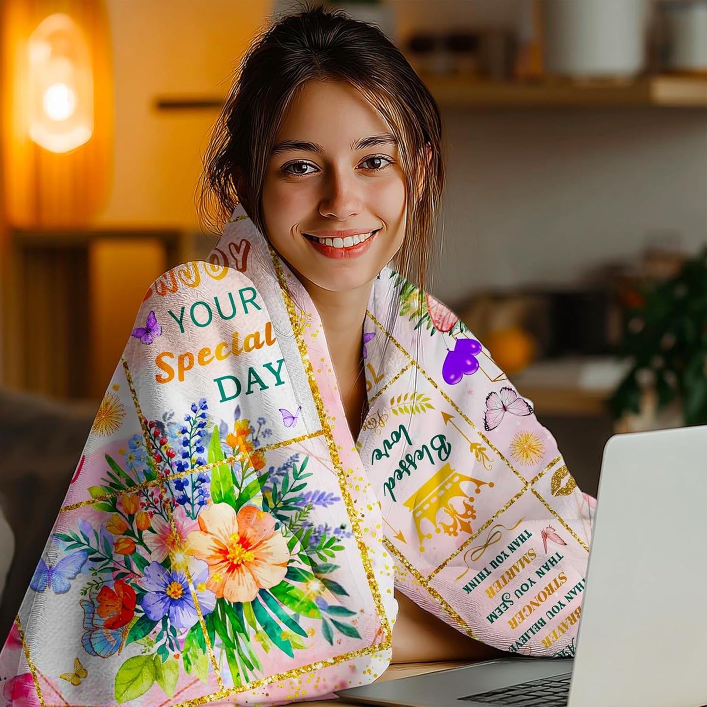 Happy Birthday Gifts for Women, Super Soft Funny Pink Butterfly Flower Bday Decorations Blanket 50"x40" for Kids Adults, Birthday Gifts for Girls, Warm Plush Fleece Flannel Blanket for Couch Bedding