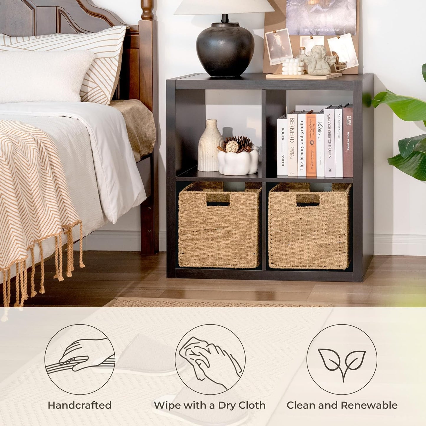 StorageWorks 11 inch Wicker Baskets, Handwoven Storage Cubes with Handles, Foldable Paper Rope Basket for Organizing, Natural, 2 Pack