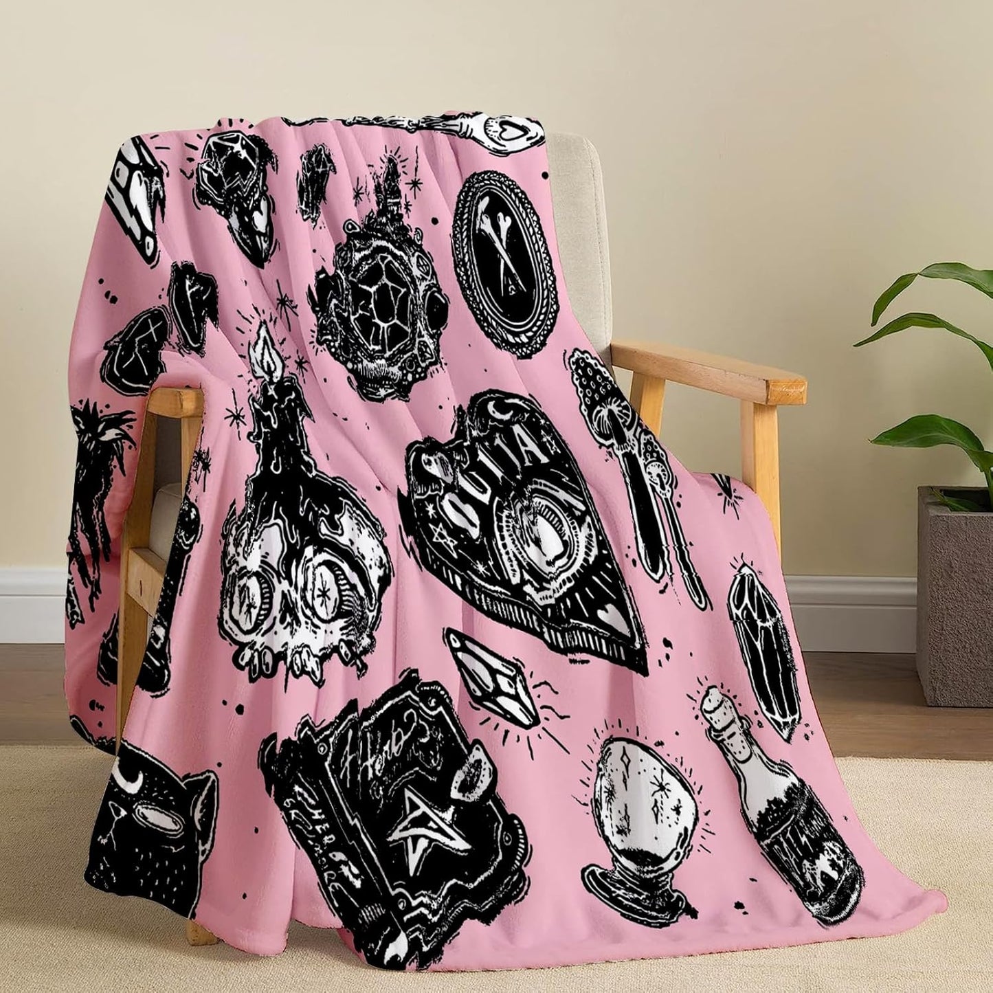 Cute Pink Witchy Witch Throw Blanket Kids Flannel 50"x40" Blankets for Women Girls Gifts