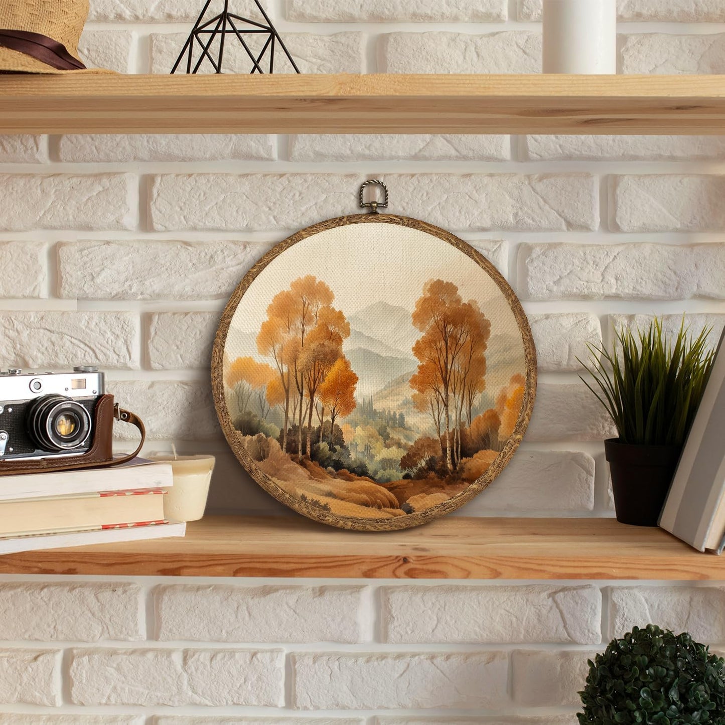 WMSYUO Modern Natural Scenery Wall Art Decor 10x10 Inch Framed, Warm Forest Canvas Prints,Aesthetic Circular Art for Home Living Room, Unique Gift for Friends, Neutral Retro Artwork (Yellow-tree)