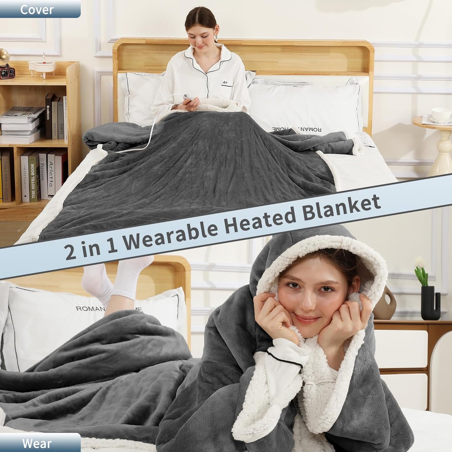 ESTINGO Wearable Electric Throw Heated Blanket with Foot Pocket, Heated Electric Blanket with Sleeves, 6 Heating Levels and 1-4H Timer, Heated Hoodie Women for Mom Grandma 50"×70" Grey