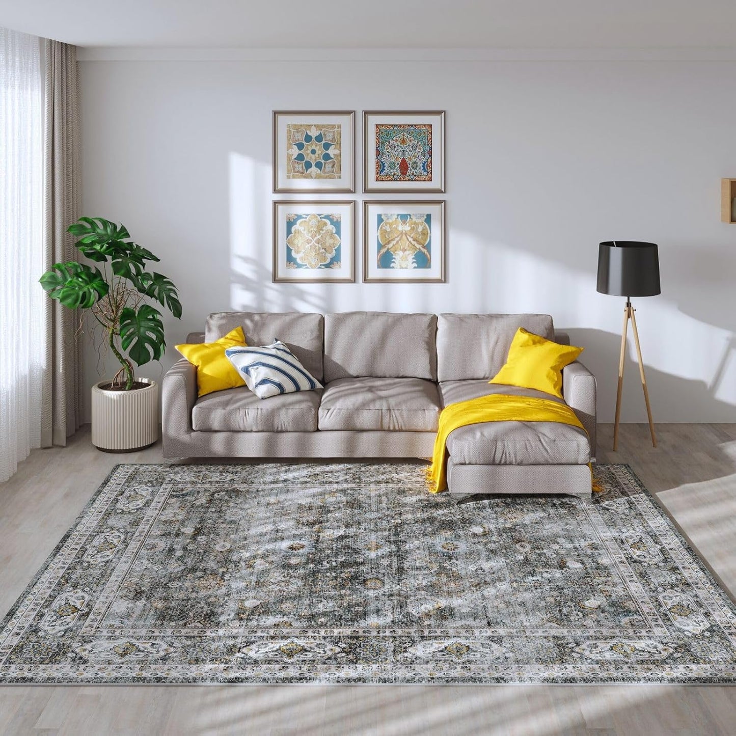 Rugcomf Area Rug 5x7 Washable Rug Boho Soft Non-Slip Non-Shedding Faux Wool Vintage for Living Room, Bedroom Rug, Farmhouse, Dining Room, Indoor, Kids Playroom (Grey)