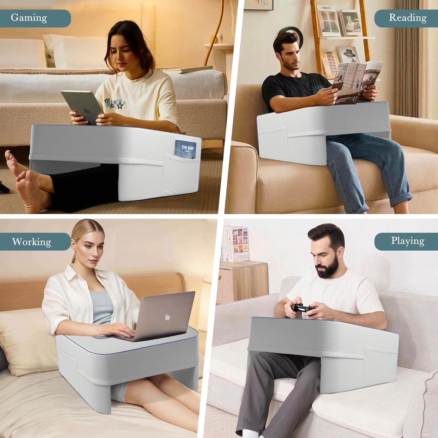 Reading Pillow for Gaming Lap Desk Pillow Large Laptop Pillows for Adults with Arm Rest and Side Pocket, Gaming Pillow for Bed/Floor/Couch/Rest/Playing/Working(Grey)
