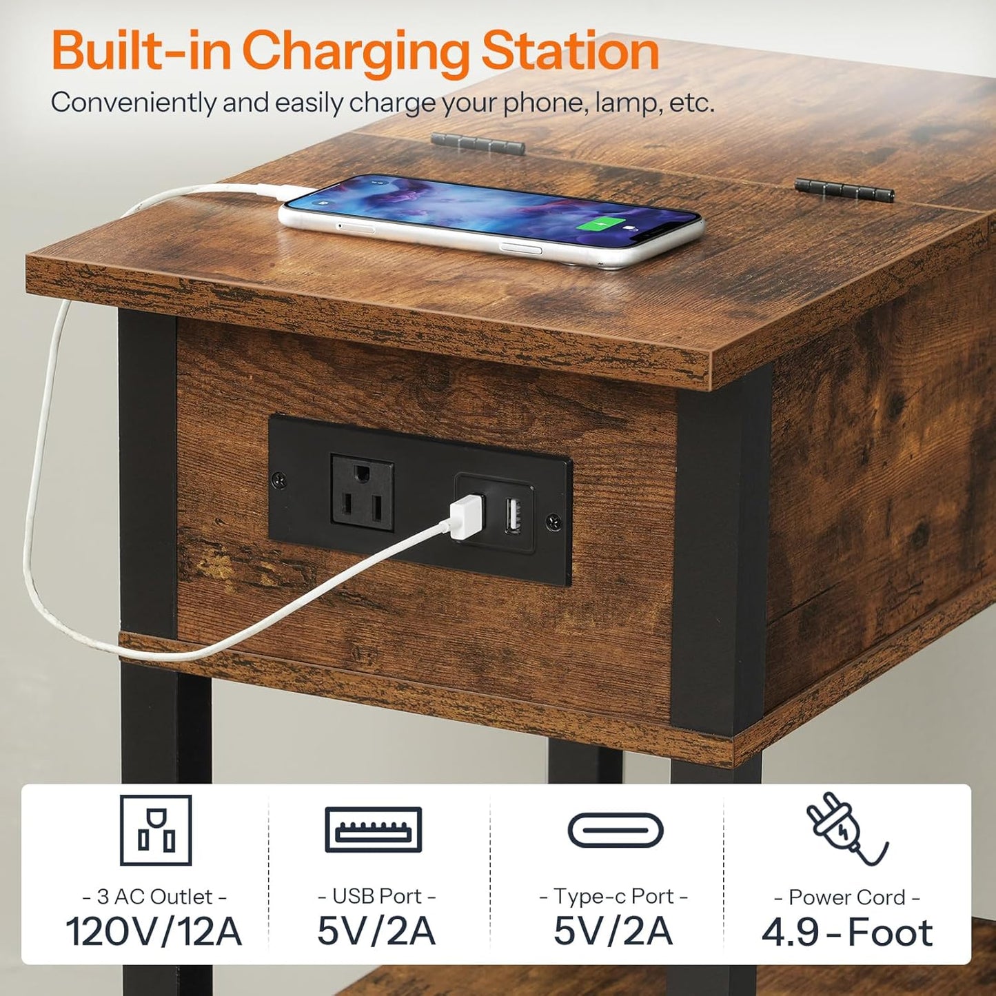 HOOBRO End Table with Charging Station, Flip Top Side Table with USB Ports, Narrow Nightstand Bedside Tables with Storage Shelves, for Small Space, Living Room, Rustic Brown and Black BF141UBZ01