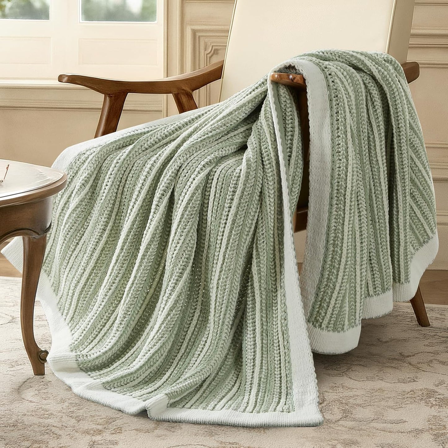 Amélie Home Striped Knit Throw Blanket for Couch, Dual-Sided Soft Chenille Decorative Blankets for Sofa & Chair, 50"x60", Sage Green & White