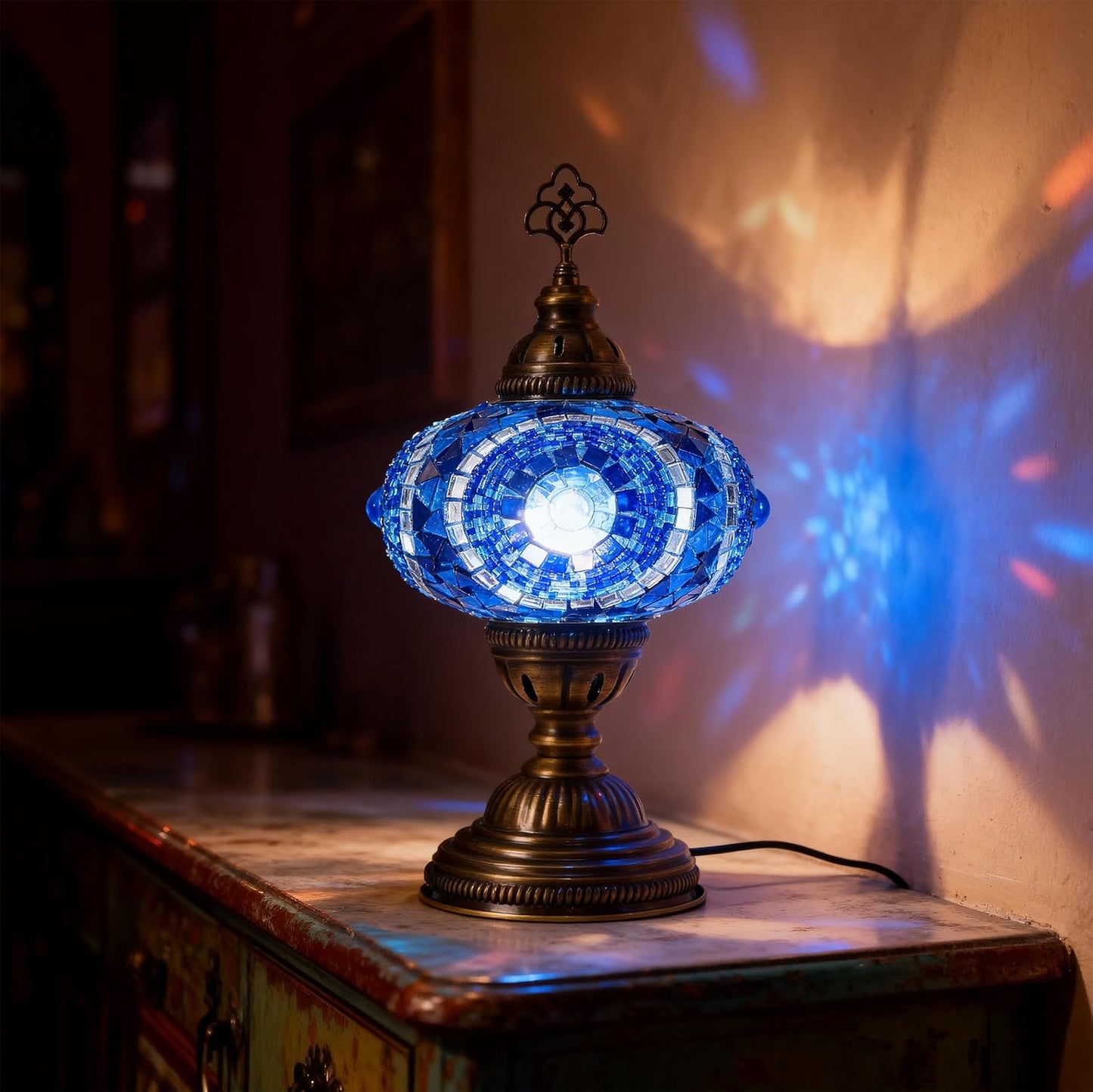 Mozaist Turkish Lamp, Mosaic Table Lamp, Antique Moroccan Decorative Glass Bohemian Vintage Lamp Shade, Small Desk Tiffany Bedside Stained Glass Lamp with US Plug and E12 Socket