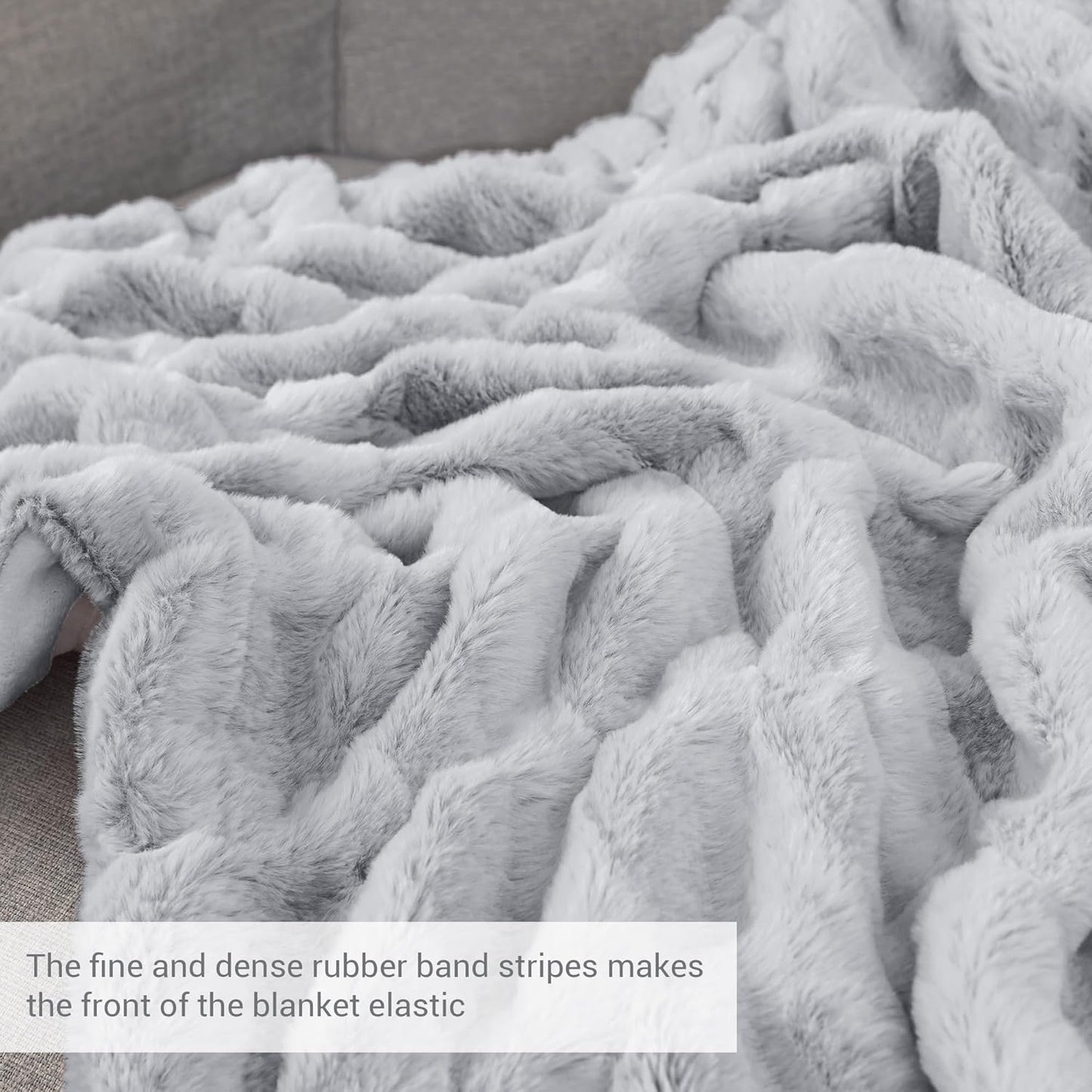 Warm Fuzzy Faux Fur Blanket, Elastic Striped Fleece Throw Blanket for Couch Sofa Bed Living Room, Light Grey Double-Sided Furry Blanket and Throws - 50"x 60"