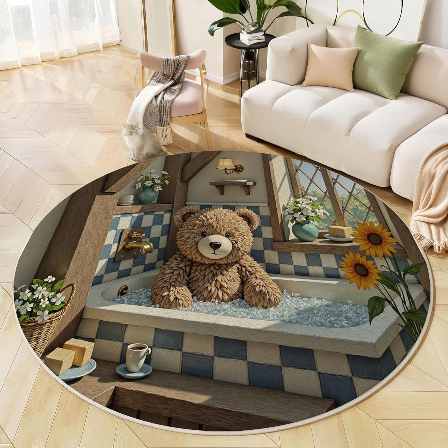 Cute Teddy Bear Bathtub Round Rugs 3Ft, Retro Country Style Round Living Room Area Rug, Washable Large Soft Circle Rug for Bedroom, Non Slip Ultra Thin Floor Carpet for Dining Room, Beige Brown