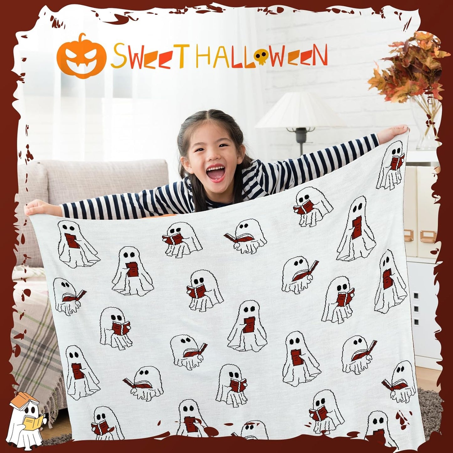 Easter Day Halloween Ghost Reading Book Blanket 50 x 60 Inches Soft Knit Throw with Ghosts Reading Book Pattern Halloween Easter Decoration Gift for Living Room Couch Sofa Bed