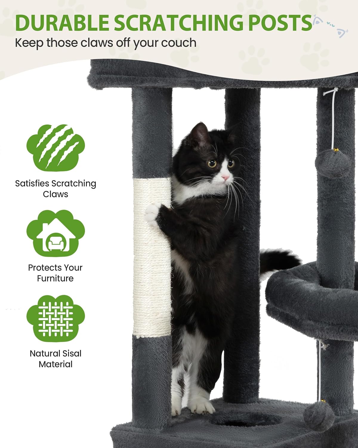 Multi-Level Cat Tree Tower for Indoor Cats, 67 inch Tall XL Heavy Duty Climbing Tower with 3 Large Platform, Scratching Post, Hammock, Kitty Condo for Multiple Cats, Extra Large Cat Trees, Dark Grey