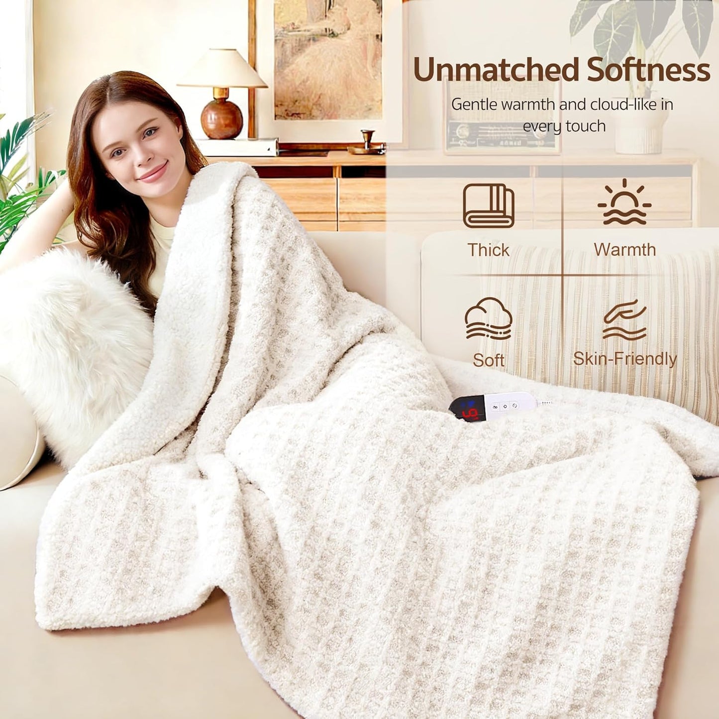 Waffle Heated Throw Blanket 50"x60" – Electric Blanket with 6 Heat Levels & 4 Timer Settings, Ultra-Soft Faux Fur & Sherpa, ETL Certified, Machine Washable, Ideal Gift for Women (Ivory/Cream)