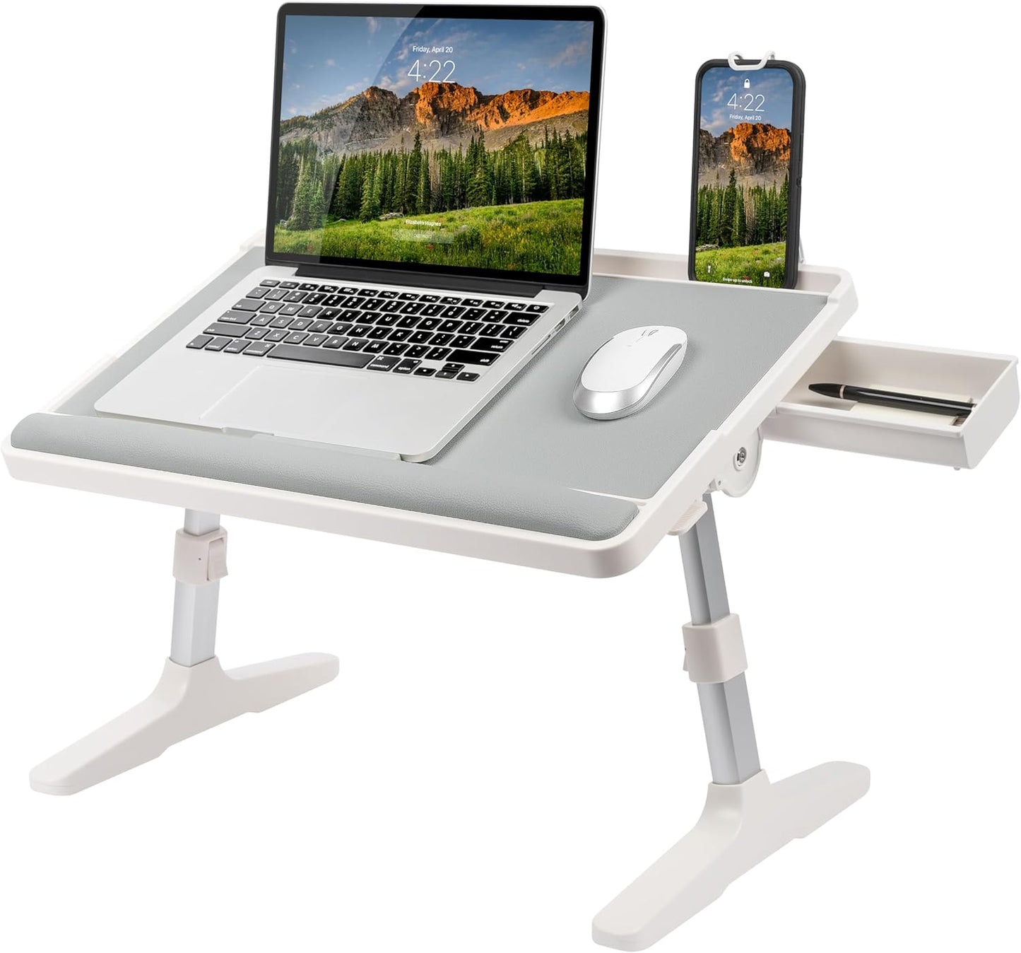 LAPGEAR Easy Tilt Leather Laptop Bed Desk with Adjustable Legs, Wrist Rest, Media Slot, and Built-in Storage - Gray - Fits up to 17 Inch Laptops - Style No. 78505