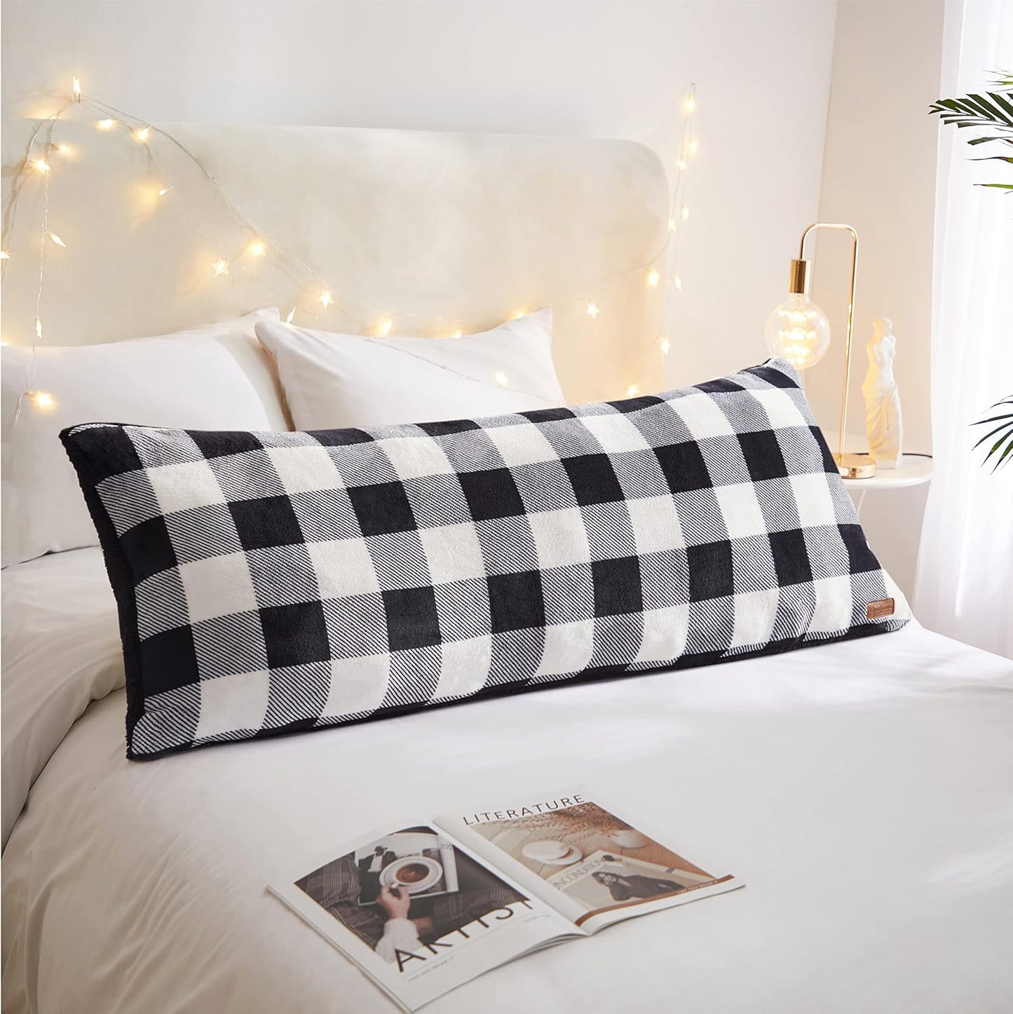 Dearfoams White and Black Check Plaid Full Body Pillow,Royal Plush with Sherpa Reverse Fabric,48"x20" Long Pillow