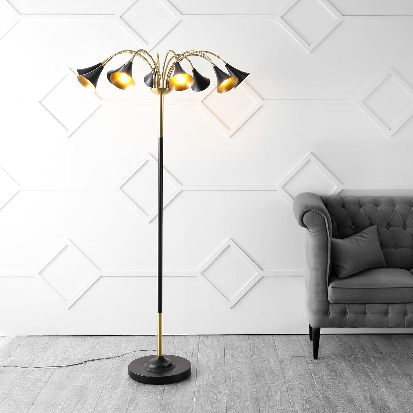 JONATHAN Y 61" Brass Gold/Black 10-Light Mid-Century Modern Floor Lamp, Medusa Multi Head Standing Lamp with Metal Shades for Living Room, Foot Switch, 10 LED Bulbs (JYL3096B)