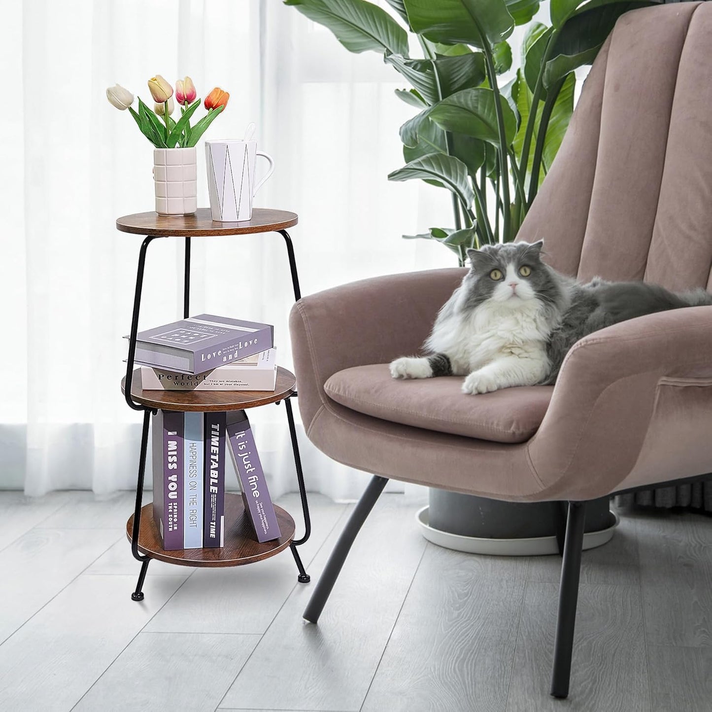 Small Round Side Table, 3 Tier Circular Narrow End Table with Storage Shelf, Round Corner Coffee Table Nightstand, Compact Tea Sofa Table for Living Room Bedroom Small Spaces, Rustic, Vintage, Brown