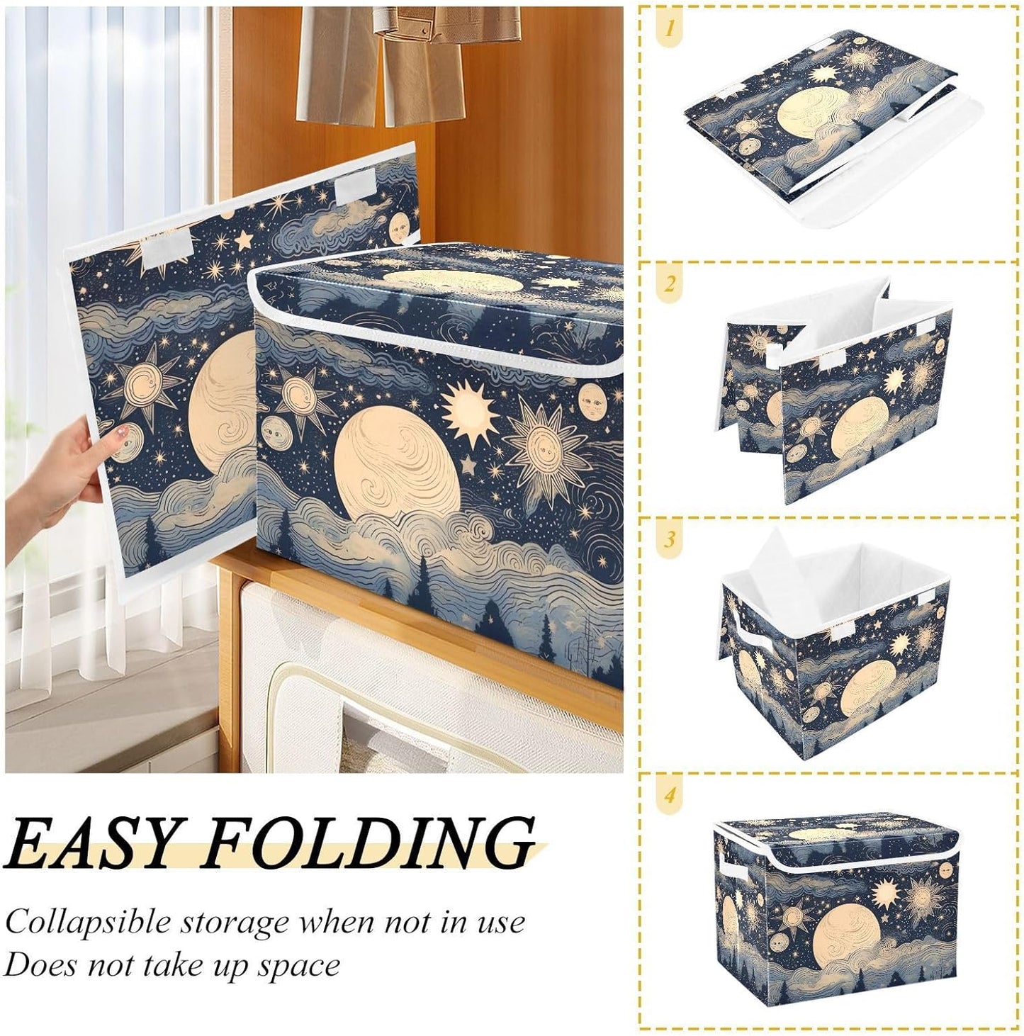 xigua Stars and Moon Storage Bins with Lids and Carrying Handle,Foldable Storage Boxes Organizer Containers Baskets Cube with Cover for Home Bedroom Closet Office