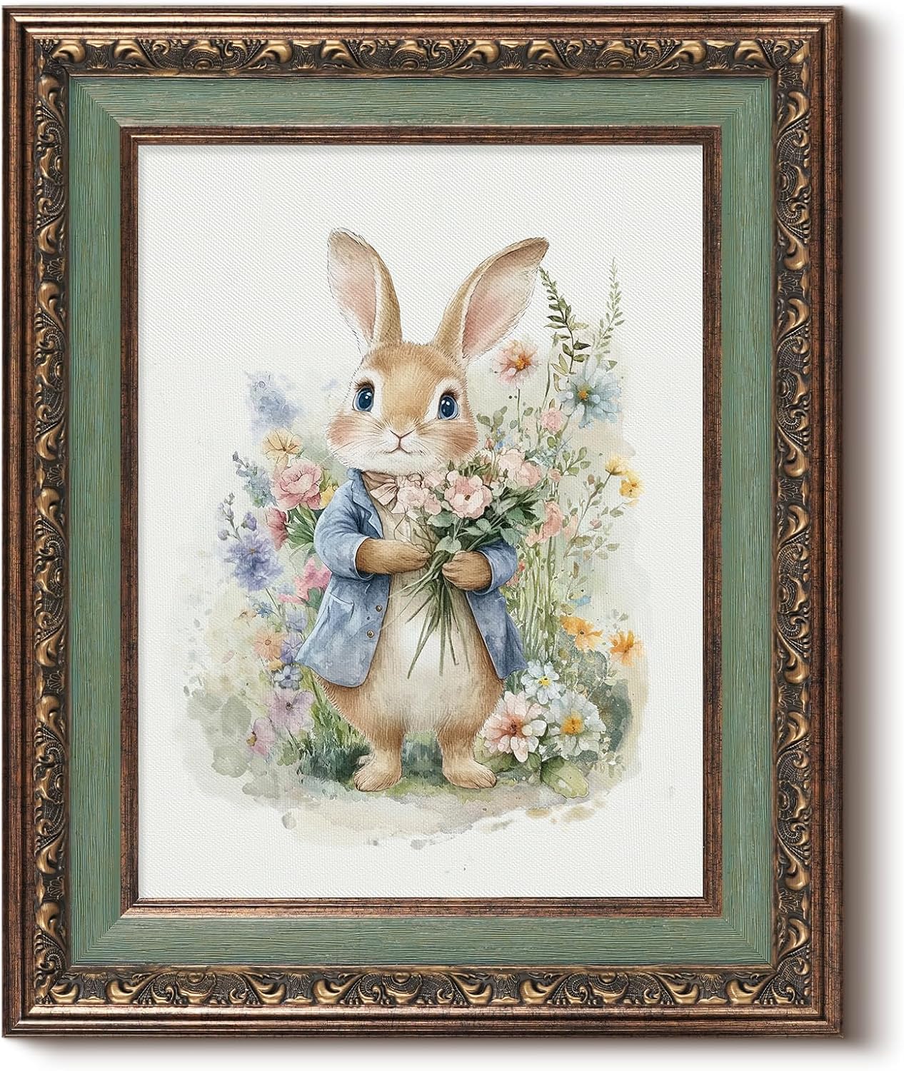 HUARCEY Bunny with Bouquet Canvas Wall Art Vintage Relief Gold Framed, Cute Rabbit Wildflower Meadow Print Rustic Floral Artwork, Farmhouse Animals for Easter Mother's Day Decor Gift 13"×16"