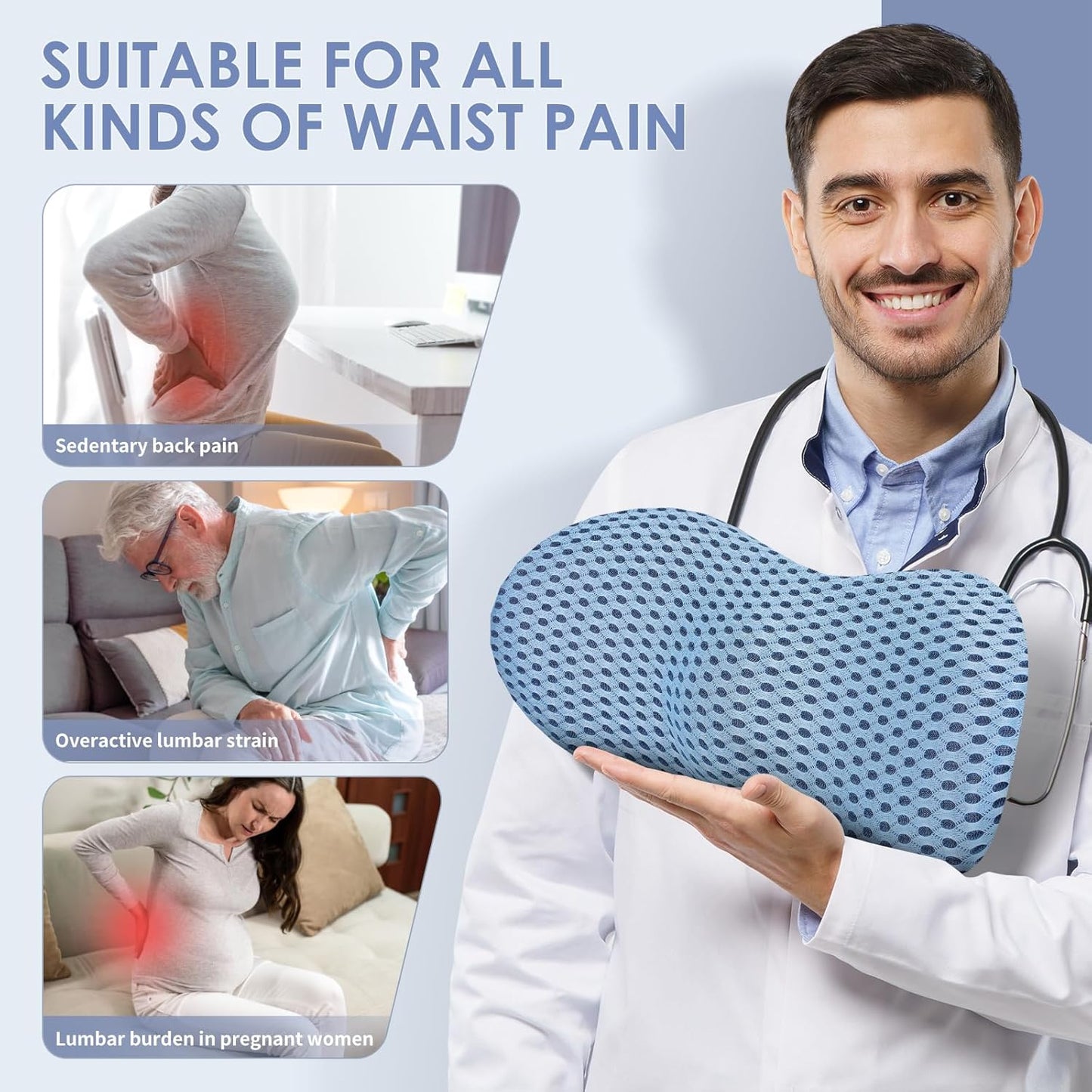 Lumbar Support Pillow, Back Pillow for Low Back Pain Relief, Ergonomic Streamline Car Seat, Office Chair, Recliner and Bed (Blue)