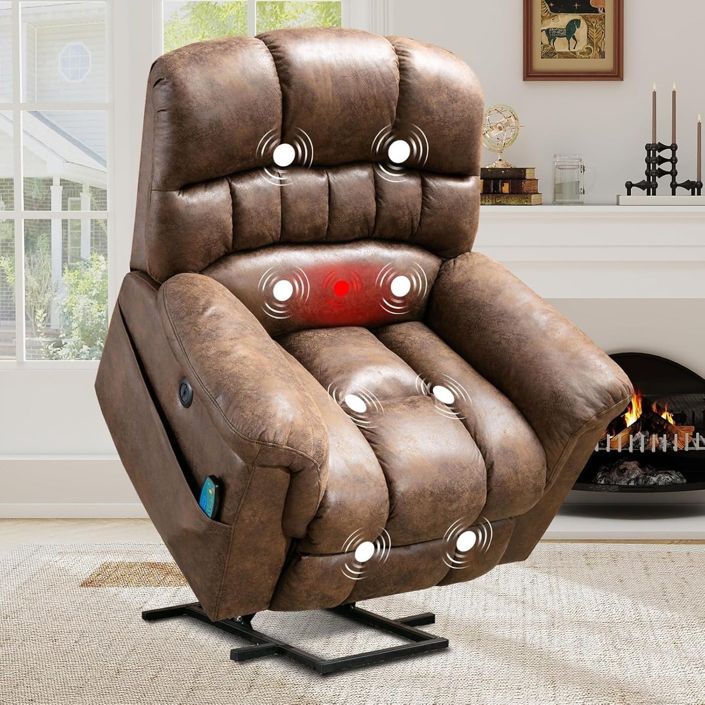 Faux Leather Electric Lifting Recliners Brown Overstuffed Wide Reclining Sofa with Side Pockets USB Port for Elderly Power Lift Recliner Chair for Living Room with Massage and Heat