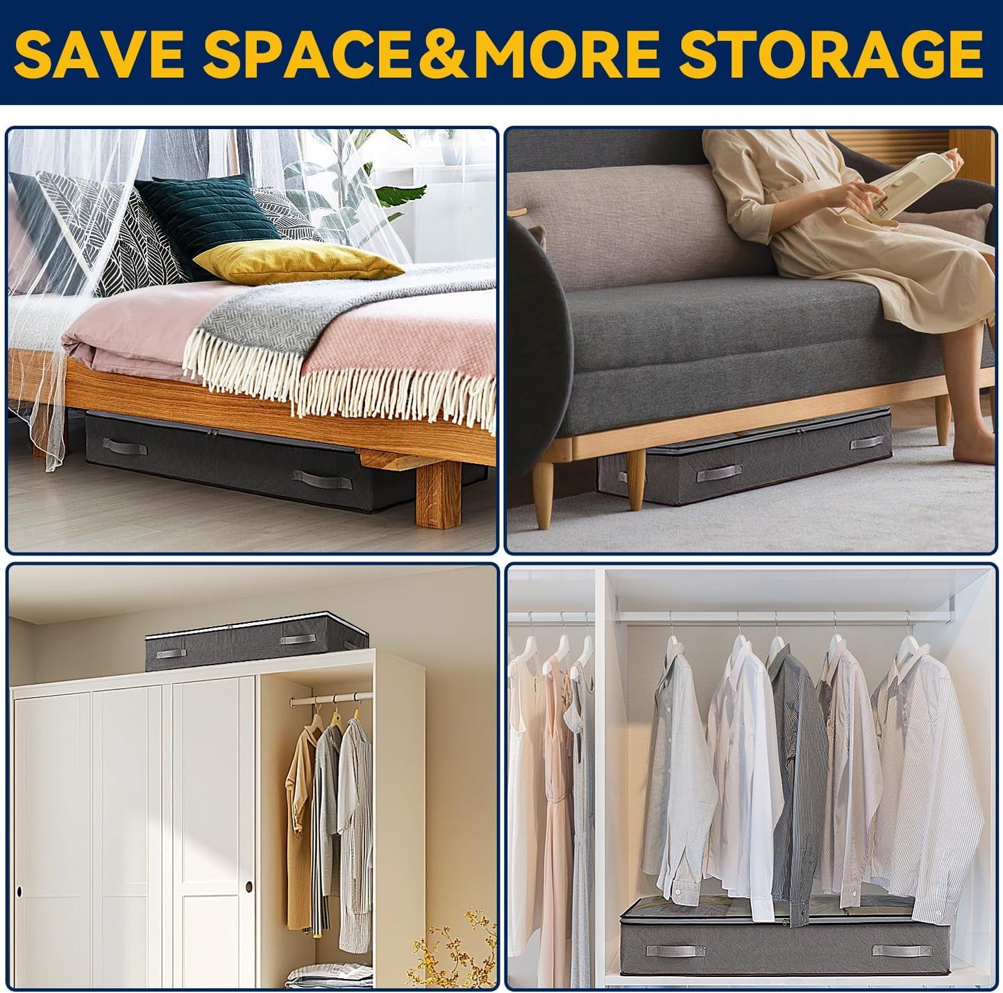 3 Pack Under Bed Storage Containers, 7 Inches Tall Low Profile Underbed Clothes Storage Bins, Closet Organizers and Clothes Storage Bags, Under the Bed Blanket Storage with Clothing, Bedroom, Bedding