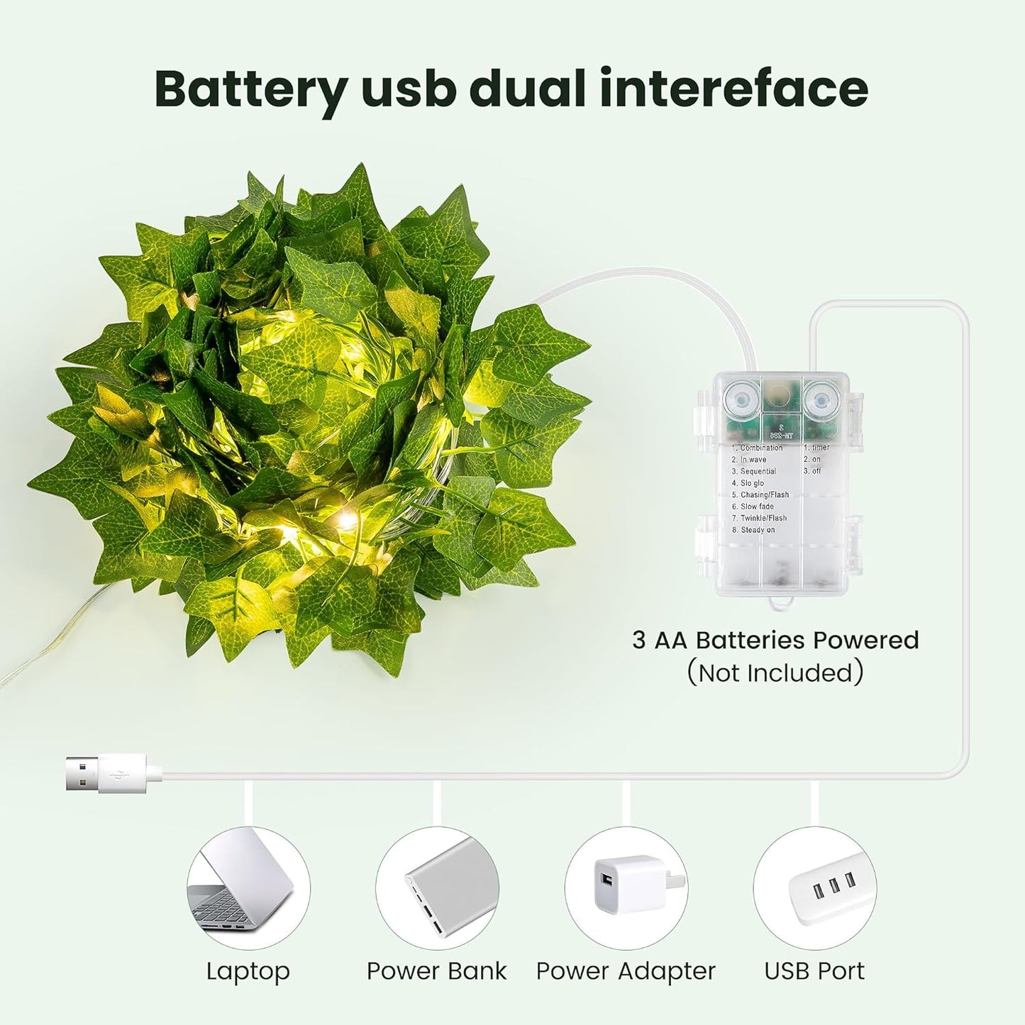 HEYFUNi Fake Ivy Vines with Lights, 23 Ft 73 Led Artificial Greenery Garland with Fairy Lights USB/Battery Operated, Leaf String Lights for Bedroom Aesthetic, Wall, Balcony, Wedding Decor, Warm White
