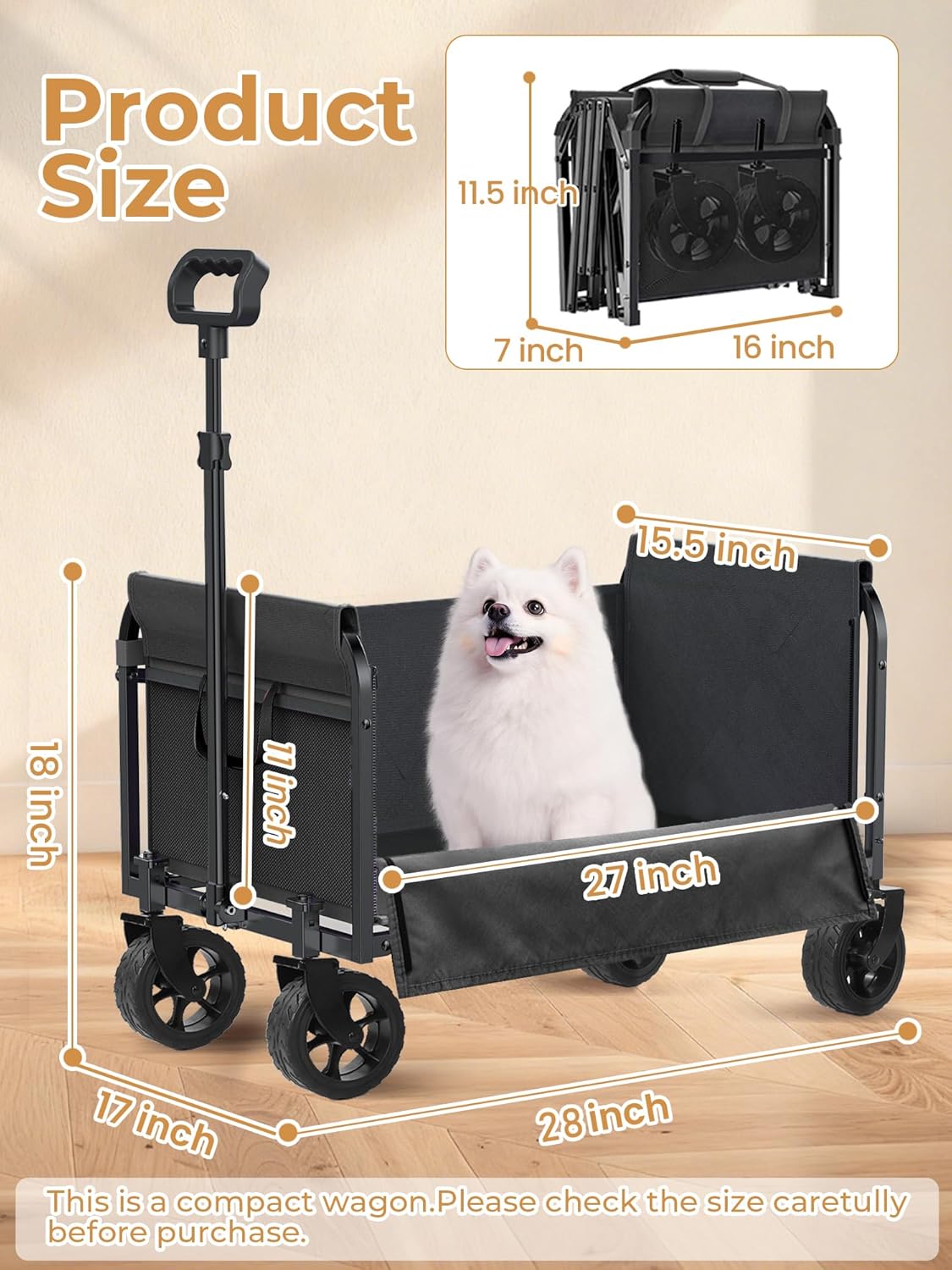 Collapsible Wagon, Folding Utility Cart with Wide Wheels, Lightweight Grocery Shopping Cart for Apartment Living, Gardening, Pet Carrier, Easy Fold & Low-Entry Design (Black)