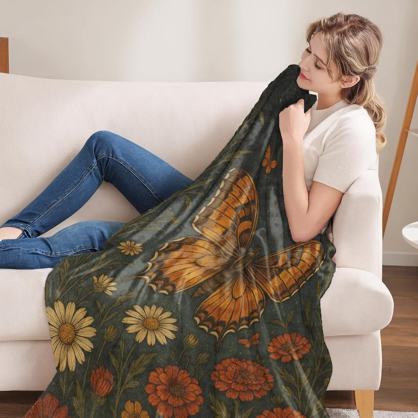 Butterfly Gifts, Orange Butterfly and Moon Theme Flannel Blanket for Women, Gothic Birthday Throw Blankets for Kids, Girls, Travel Camping Sofa Living Room Decor 50x60 in