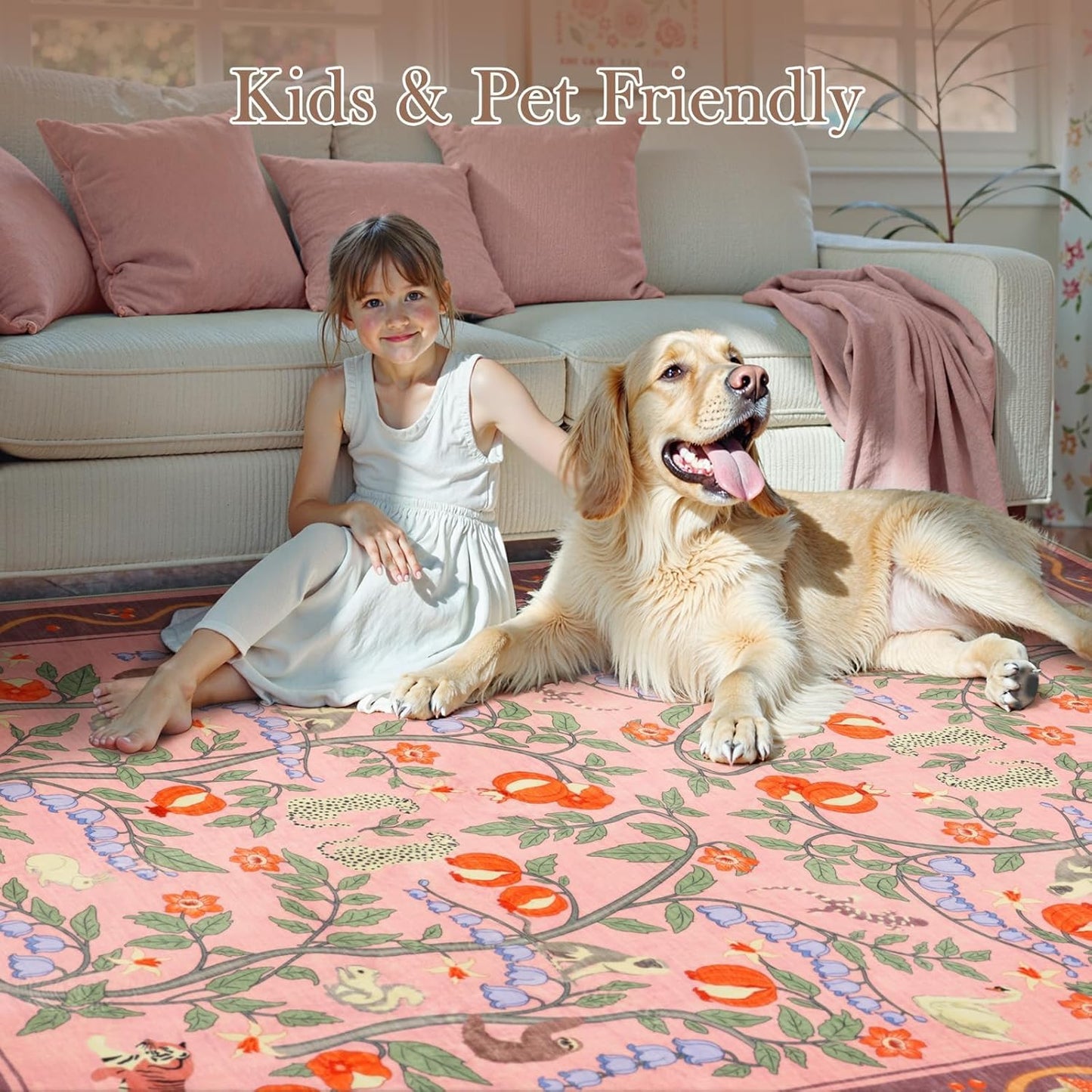 OJIA Animal Print Washable Rugs 5x7 Nursery Rug, Soft Pink Playroom Rug Non-Slip Boho Area Rug, Ultra-Thin Modern Floral Living Room Carpet for Bedroom Kids Room Classroom Office