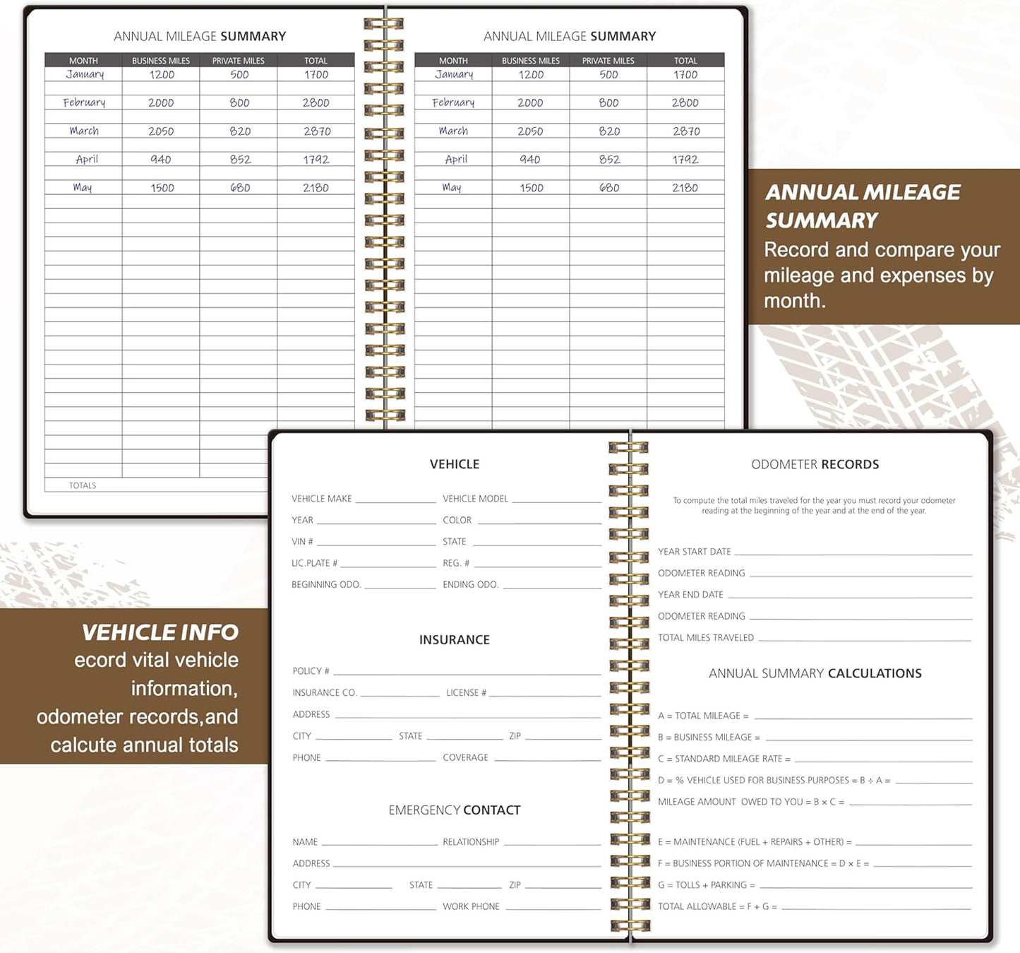 Auto Mileage Log Book for Taxes, Vehicle Maintenance Log Book, Mileage Tracker for Car, Spiral Bound Mileage Log Book for Expense Rocord Notebook, 5.9"x 8.6", Black