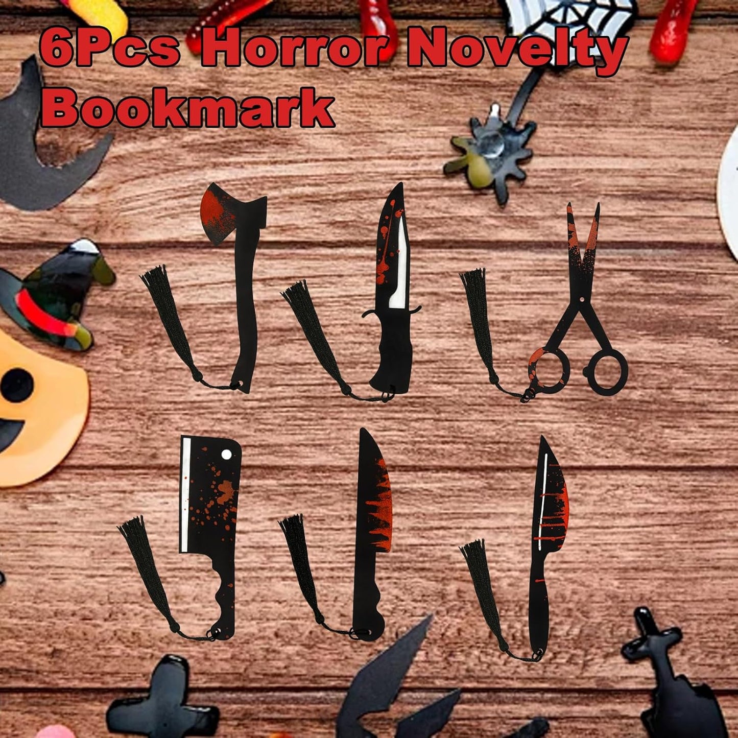 6Pcs Horror Novelty Bookmark Set, Fake Knife Shapes with Blood Stain Gothic Book Accessories Dark Romance Acrylic Page Holders with Black Tassels Halloween Craft
