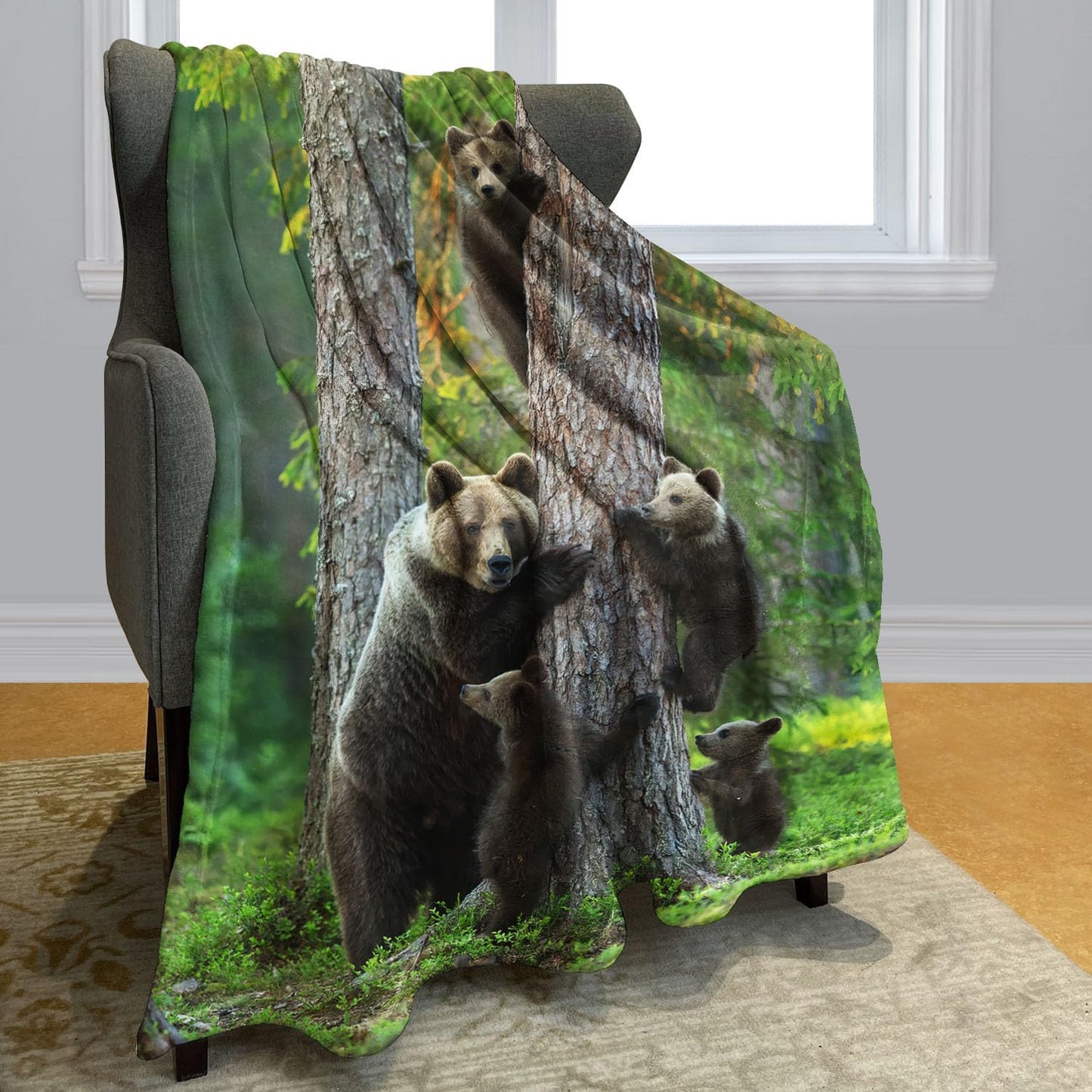 Soft Cozy Fleece Throw Blanket for Couch, Brown Bear Woods, 60X80 Inches