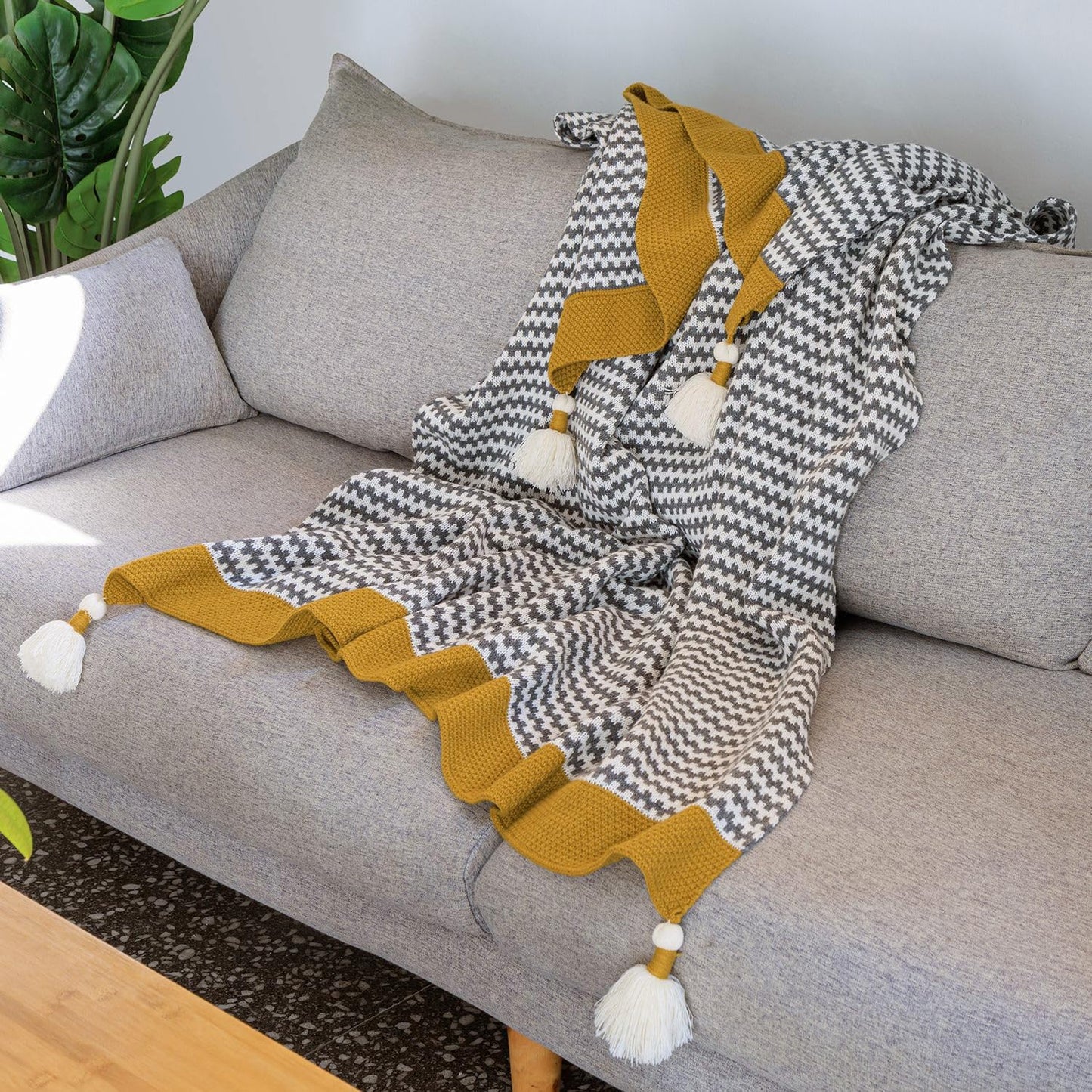 Grey Striped Throw Blanket with Tassels, Knitted Soft Boho Blanket for Couch, Sofa, Bed & Living Room - All Seasons (47.5x60 Inch)