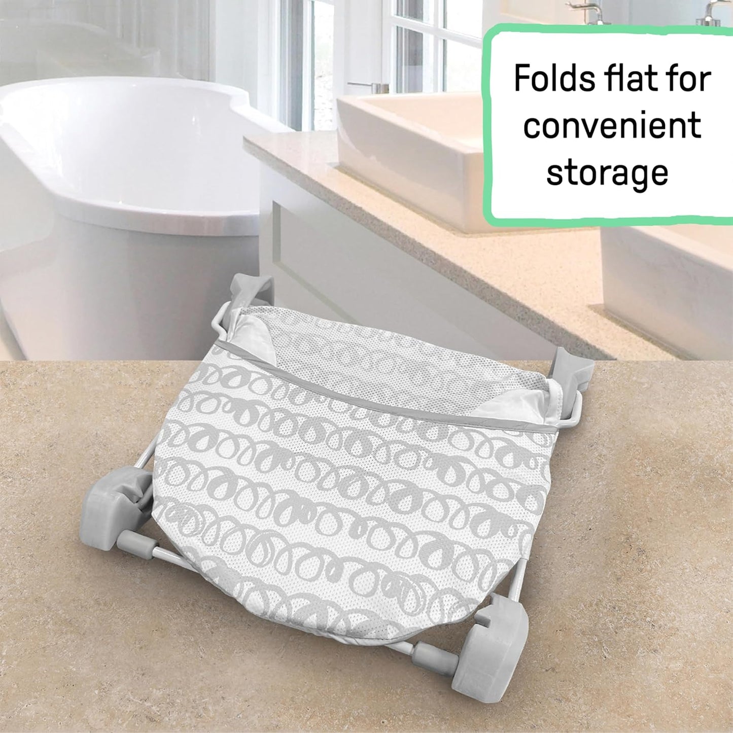 Ingenuity Foldaway 2-Position Baby Bath Seat, Adjustable Support for Sink or Bathtub, Ages 0-6 Months up to 20 Pounds, Machine-Washable Sling