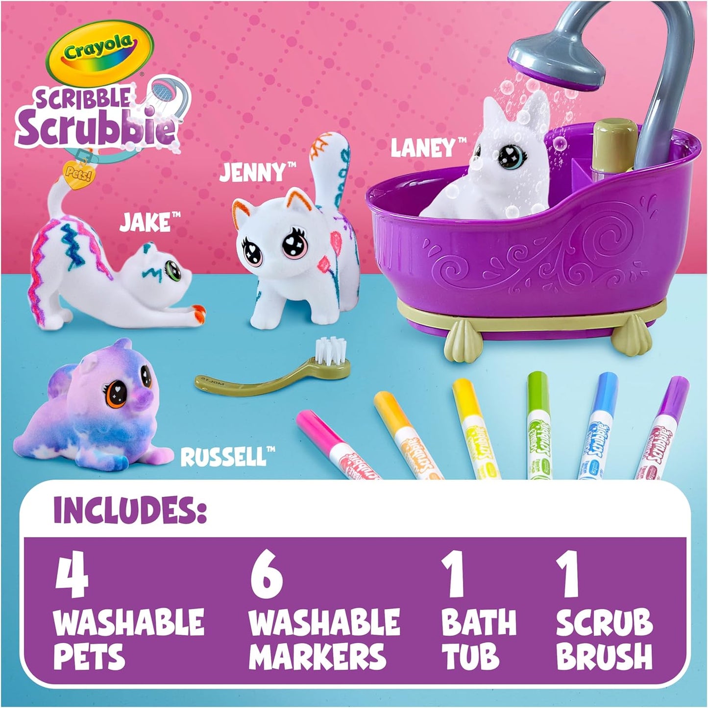 Crayola Scribble Scrubbies Glam Pack (4 Pets), Washable Pet Care Toy & Coloring Animal Craft Kit, Gift for Kids, Playset for Girls & Boys, Ages 3+