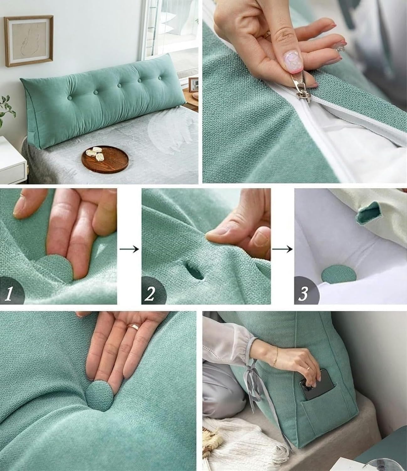 Triangular Headboard Pillow, Sofa Bed/Sofa Queen Reading Pillow, Bed Side Cushion, Large Back Lumbar Pillow with Removable Dimple, Triangular Sit Up Support Positioner with Pockets, Light Gray