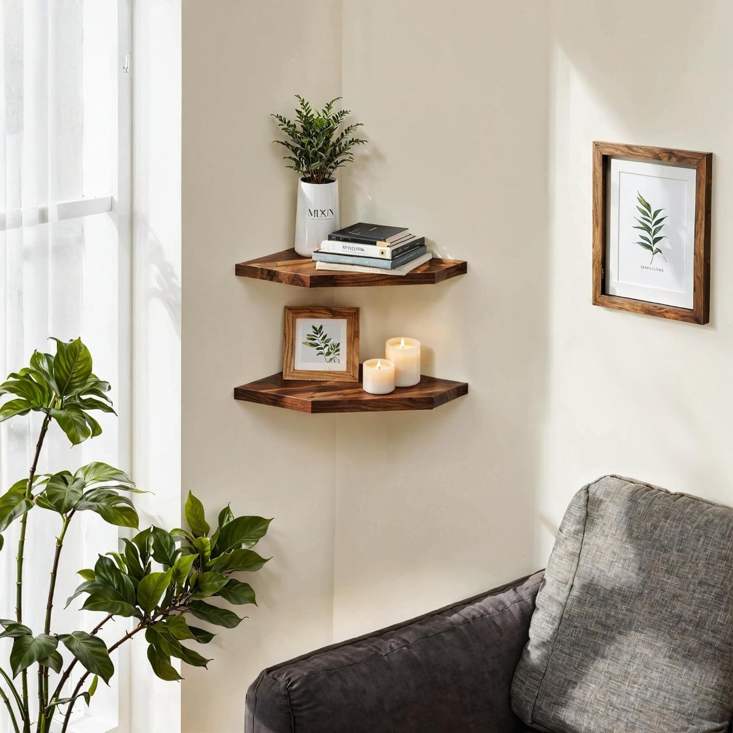 Demigo Corner Shelf Wall Mount, Set of 2 Solid Acacia Wood 11.8 x 16.5 inches Floating Corner Shelves, Smooth - Durable - Attractive Corner Shelves for Bedroom Living Room Bathroom Kitchen