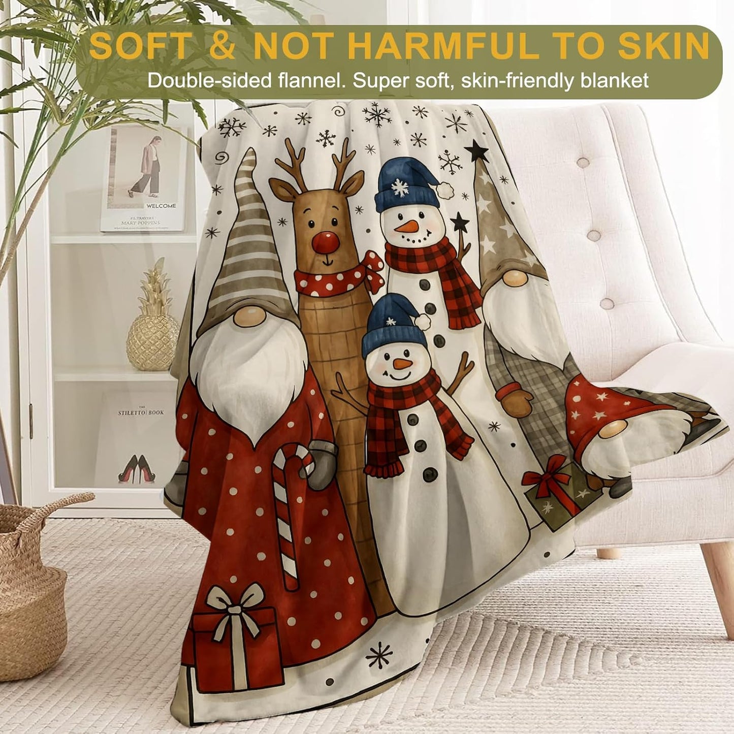 Christmas Decorative Blanket, Gnome Reindeer Snowman Snowflake Print Throw Decoration, Soft Flannel Winter Blankets for Couch Bed Sofa, Holiday Home Decor, Xmas Festival Gifts 50x60 Inch