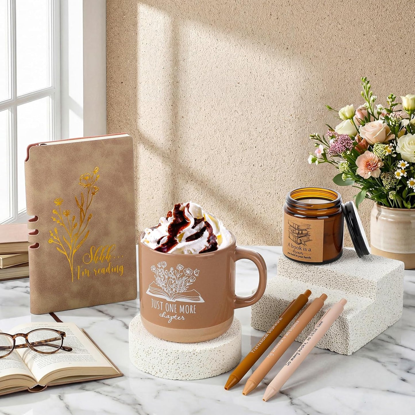 Baderke Book Lover Gifts for Women Men 6 Pcs Bookish Reading Accessories A6 Notebook Ballpoint Pen Ceramic Cup Candle Book Club Gift for Bookworm Reader Librarian Teacher(Brown)