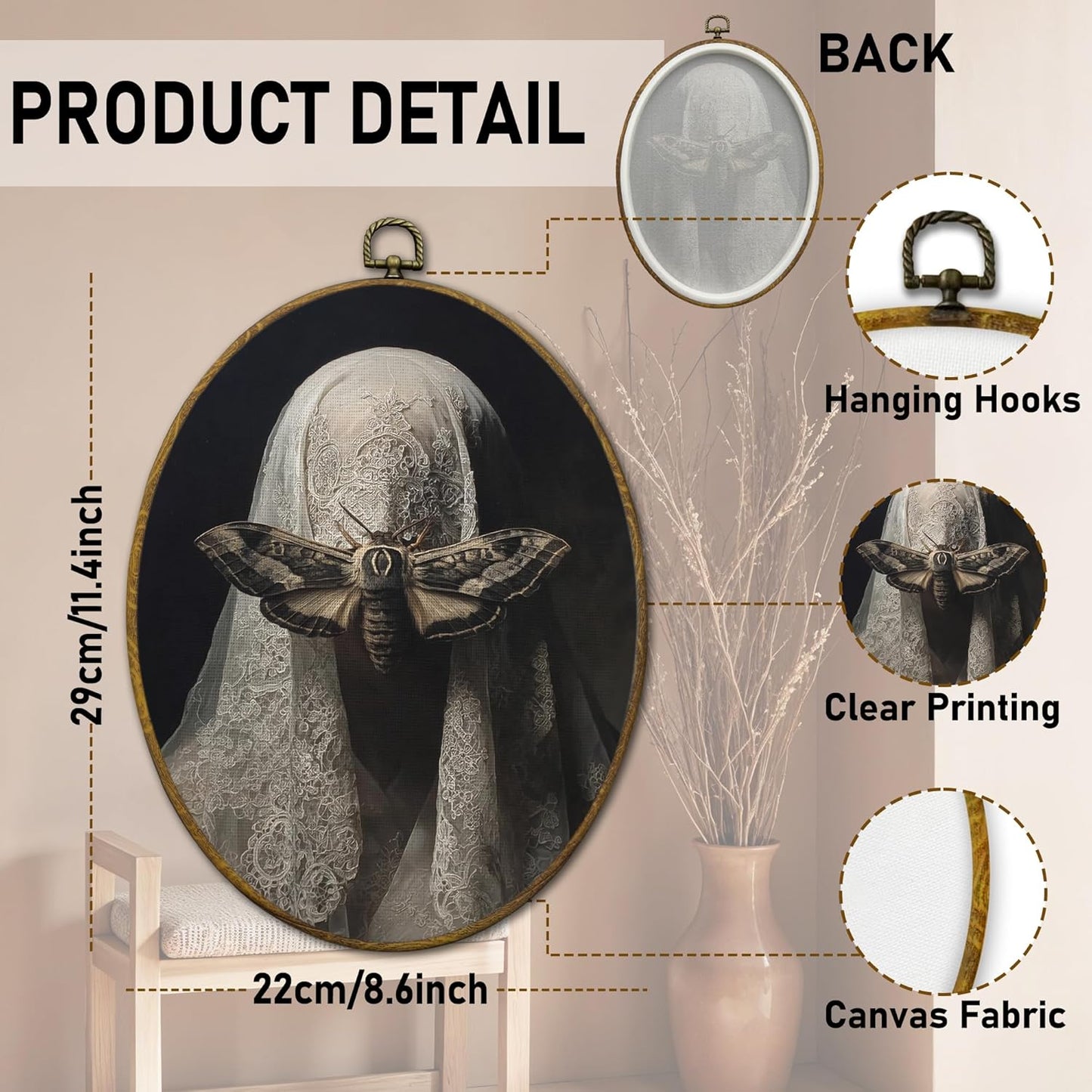 QZQE Gothic Witchy Moth Oval Wall Art Decor Framed, Dark Academia Veiled Women Moth Oval Canvas Prints, Dark Moody Goth Aesthetic Wall Hanging Decor for Home Bedroom Living Room, 8.6x11.4 Inch