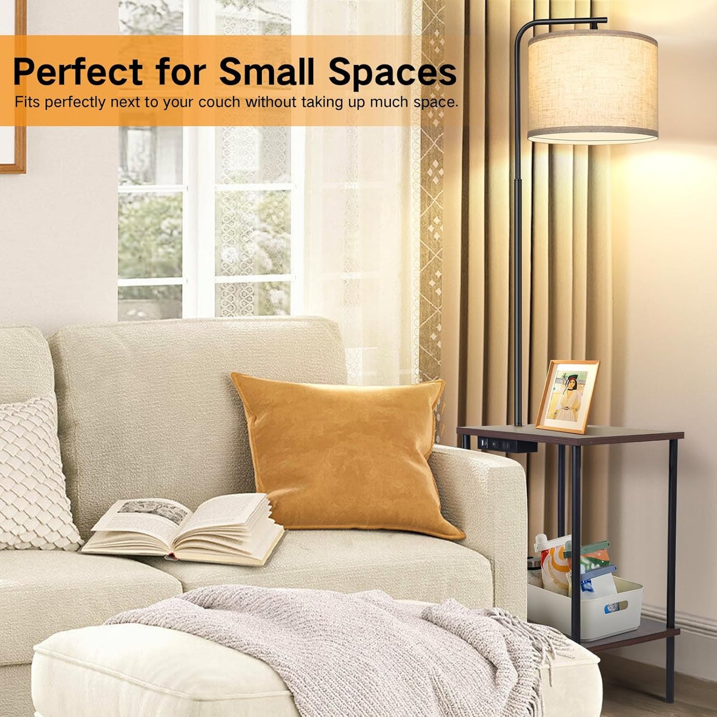 OUTON Floor Lamp with Table, End Table with Lamp Attached for Bedroom, Type C Charging Port, AC Outlet, Side Table with Lamp for Living Room, Nightstand with Remote Control, Dimmer & 4 Color