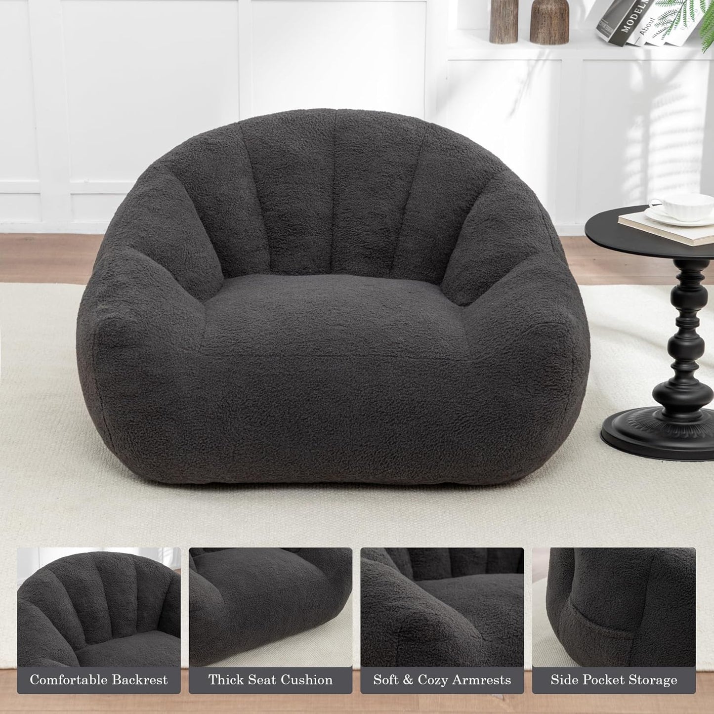 MINCETA Giant Bean Bag Chairs for Adults, Comfy Bean Bag Chair with Armrests, 35" D x 41.4" W, Dark Gray Beanbag Sofa for Living Room, Bedroom, Filler Included