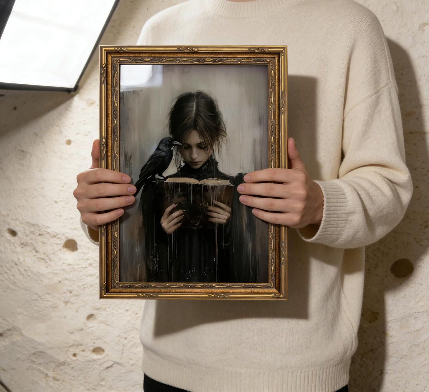 Vintage Gold Framed Girl Reading Book Canvas Wall Art Dark Academia Gothic Raven Painting Picture Wall Decor Retro Victorian Woman Poster Print Artwork for Living Room Bedroom Home Decoration